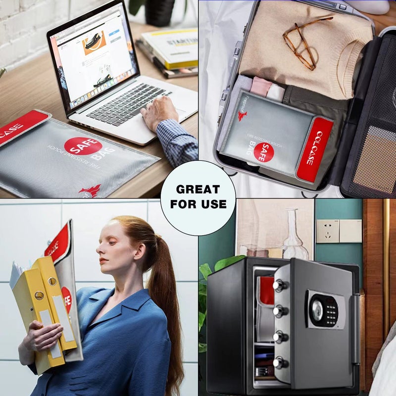 COLCASE Fireproof Document Bag Upgraded 2 Pockets (2000 â„‰)15 x 11 Inches Silicone Coated Fireproof and Waterproof Bag Fireproof Safe Bag Storage for Money, Documents, Jewelry and Passport Silver - Image 5